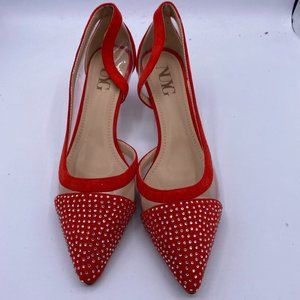 NUYG Pointed Toe Rhinestones Low Kitten Heel PVC Pumps